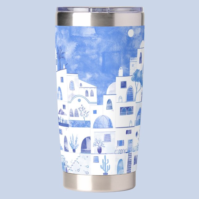 Santorini Griechenland Wassercolor Thermobecher (Oia Santorini Greece blue and white watercolor art insulated tumbler)
