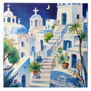 Santorini, Griechenland Wasserfarbe - Griechische  Fliese