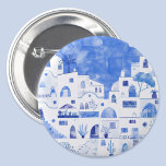 Santorini Griechenland Wasserfarbenwelt Button<br><div class="desc">Ein Aquarellbild der schönen griechischen Insel Santorin in Blau und Weiß.</div>