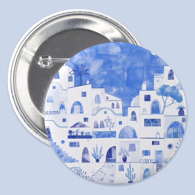 Santorini Griechenland Wasserfarbenwelt Button (Santorini Oia Greece watercolor blue and white art button)