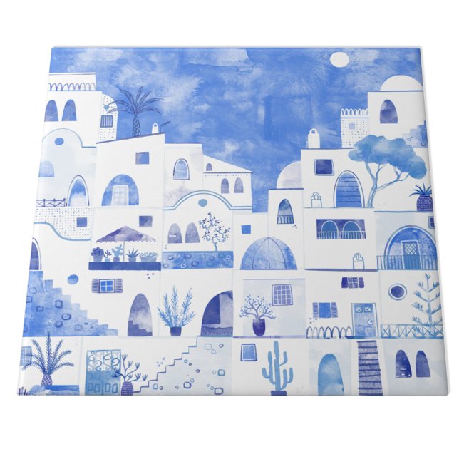 Santorini Griechenland Wasserfarbenwelt Fliese (Santorini blue and white watercolor painting on a ceramic tile)