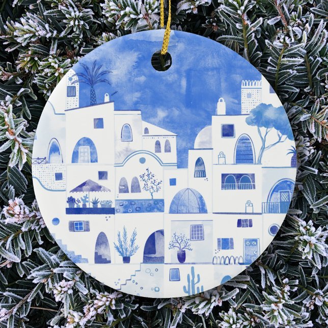 Santorini Griechenland Wasserfarbenwelt Keramik Ornament (Santorini blue and white watercolor painting on a ceramic ornament)