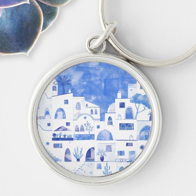 Santorini Griechenland Wasserfarbenwelt Schlüsselanhänger (Santorini Oia watercolor painting art key ring)