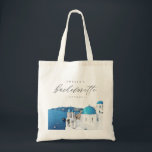 SANTORINI GRIECHENLAND Zielort Bachelorette Tragetasche<br><div class="desc">Diese Tasche mit Bachelorette ist mit einer Aquarellmalerei von Santorini,  Griechenland mit einem eleganten Script-Schriftart ausgestattet. Diese Tasche ist das ideale Geschenk für Ihr Bachelorette Wochenende!</div>