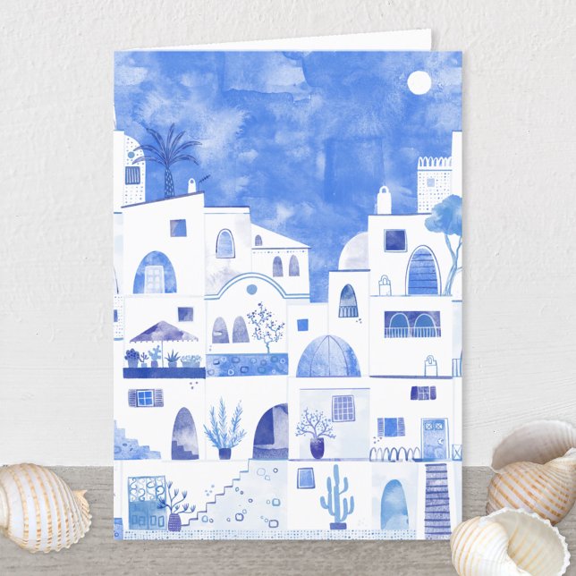 Santorini Griechische Aquarellkarte Ankündigung (Santorini blue and white watercolor painting on a greetings card)