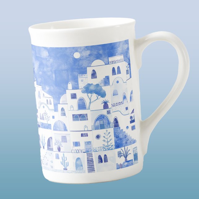 Santorini Griechische Insel Malerei Prozellantasse (Santorini blue and white watercolor painting bone china mug)