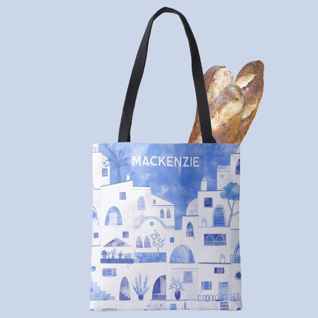 Santorini Griechische Insel Personalisierte Wasser (Oia Santorini Greece blue and white watercolor art personalized name tote bag)