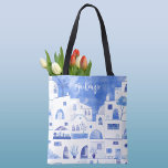 Santorini Griechische Insel Personalisierte Wasser<br><div class="desc">Aquarellblau-weiße Stadtmalerei auf der griechischen Insel Santorin. Originelle Kunst von Nic Squirrell. Ändern Sie den Namen,  um ihn zu personalisieren.</div>