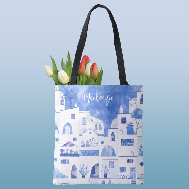 Santorini Griechische Insel Personalisierte Wasser (Santorini personalized blue and white watercolor art tote bag)