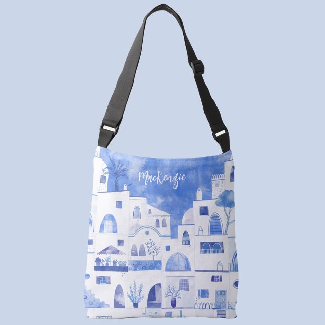 Santorini Griechische Insel Personalisierte Wasser Tragetaschen Mit Langen Trägern (Santorini Greece blue and white personalized watercolor cross body tote bag)