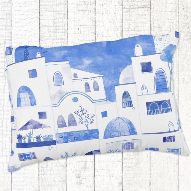 Santorini Griechische Insel Wasserfarbenwelt Dekokissen (Santorini Greece blue and white watercolor art pillow)
