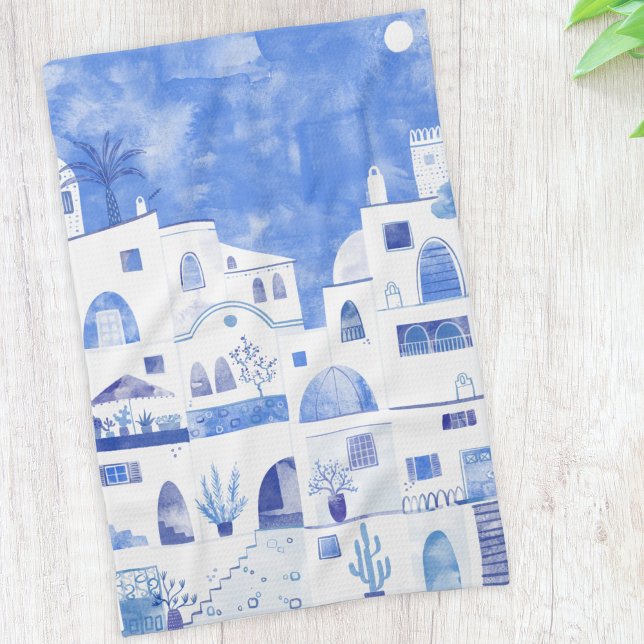 Santorini Griechische Insel Wasserfarbenwelt Geschirrtuch (Santorini blue and white watercolor painting on a kitchen towel)