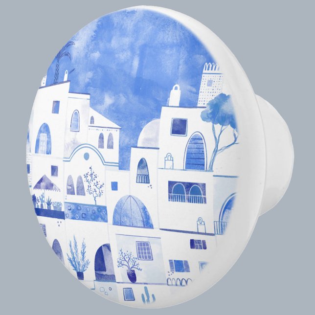 Santorini Griechische Insel Wasserfarbenwelt Keramikknauf (Santorini Greece watercolor art blue and white ceramic door knob)
