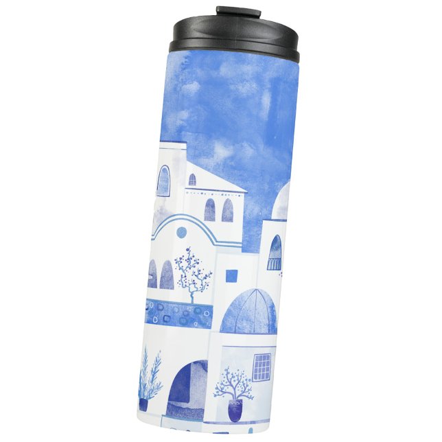 Santorini Griechische Insel Wasserfarbenwelt Thermosbecher (Blue and white Oia Santorini watercolor thermal tumbler water bottle)