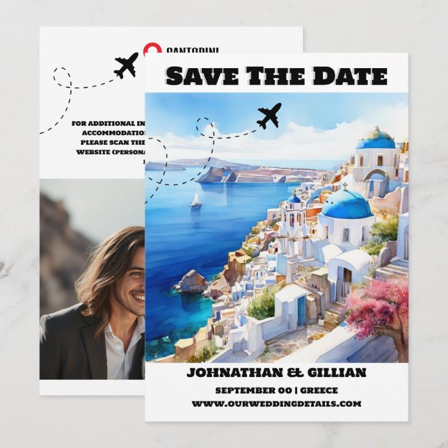 Santorini-Hochzeit in Urlaubsort Save the Date mod (Vorne/Hinten)
