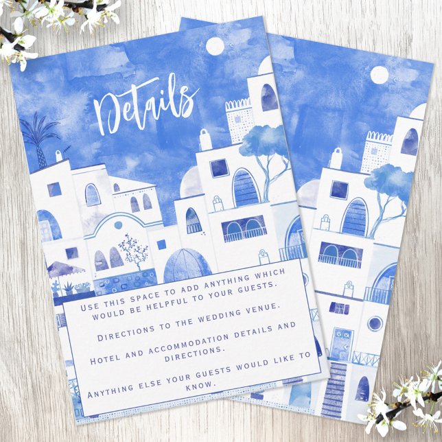 Santorini Hochzeiten Details Begleitkarte (Wedding details personalized card featuring a blue and white watercolor painting of Santorini)