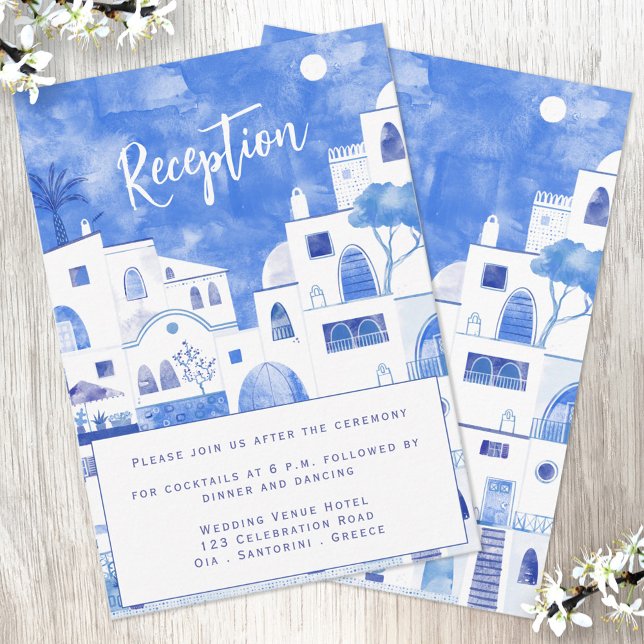 Santorini Hochzeitsempfang Begleitkarte (Reception wedding invitation featuring a blue and white original watercolor painting of Santorini)