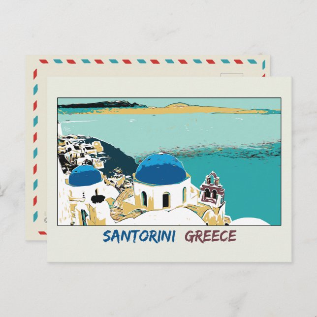 Santorini Illustration, Griechenland Postcard Postkarte (Vorne/Hinten)