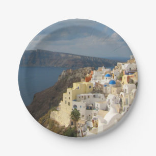Santorini in der Nachmittagssonne Pappteller