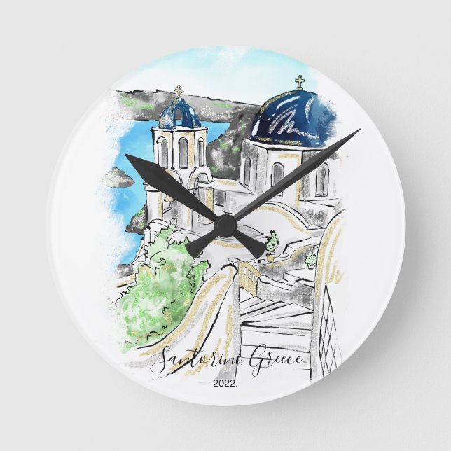 Santorini Insel Griechenland Sommer-Erinnerungen P Runde Wanduhr (Vorderseite)