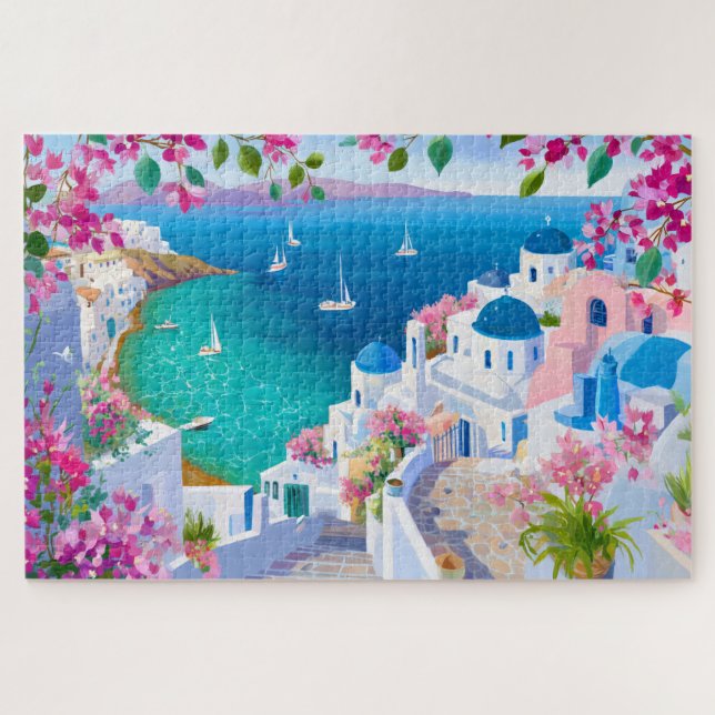 Santorini Island Greece Watercolor Painting Puzzle (Horizontal)