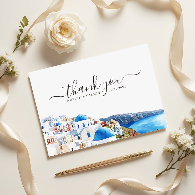 Santorini Island Watercolor Destination Wedding Dankeskarte (Von Creator hochgeladen)