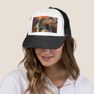 Santorini-Katzen-Sonnenuntergang-Trucker-Mütze M Truckerkappe