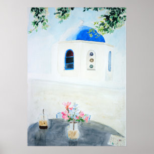 Santorini Kirche in Weiß und Blau Poster