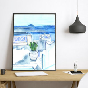 Santorini Meerblick mit Blue Aloe Jar - Coastal Ar Poster