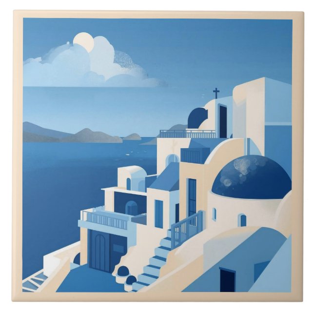 Santorini Mittelmeer Blauer Azulejo Fliese (Vorderseite)