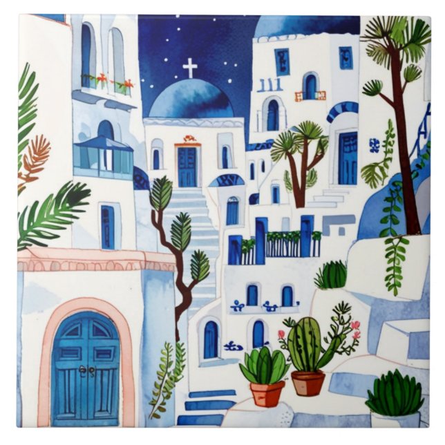 Santorini Night Griechenland Wasserfarbe Blau Weiß Fliese (Vorderseite)