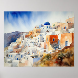 Santorini Oia Griechenland Aquarell Art Print Post Poster