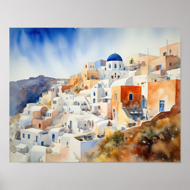 Santorini Oia Griechenland Aquarell Art Print Post Poster (Vorne)