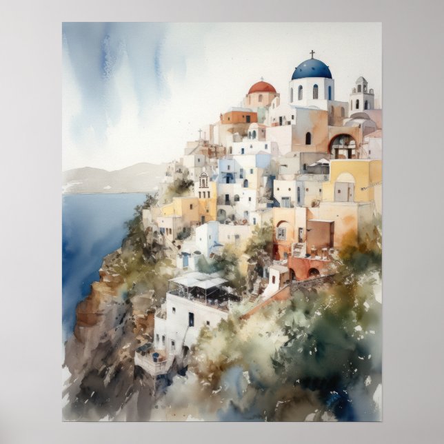 Santorini Oia Griechenland Aquarell Art Print Post Poster (Vorne)
