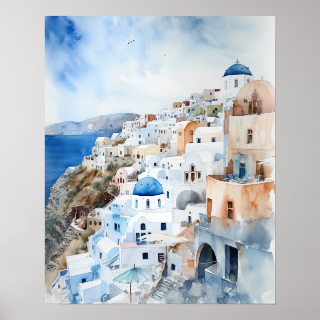 Santorini Oia Griechenland Aquarell Art Print Post Poster (Vorne)