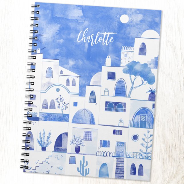 Santorini Oia Griechische Insel Wasserfarbe Person Notizblock (Personalized custom name Santorini Greece blue and white watercolor art notebook)