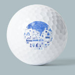 Santorini Oia Griechische Insel Wasserfarbenwelt Golfball<br><div class="desc">Blaue und weiße Aquarellmalerei des Dorfes Oia auf der griechischen Insel Santorini.</div>