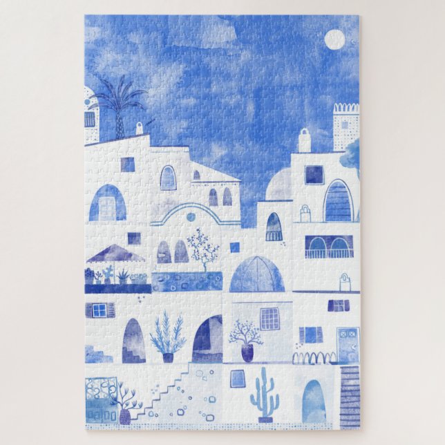Santorini Oia Griechische Insel Wasserfarbenwelt Puzzle (Vertikal)