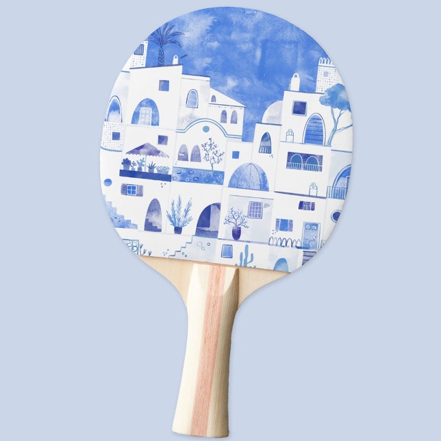 Santorini Oia Griechische Insel Wasserfarbenwelt Tischtennis Schläger (Oia Santorini Greece blue and white watercolor art ping pong paddle)
