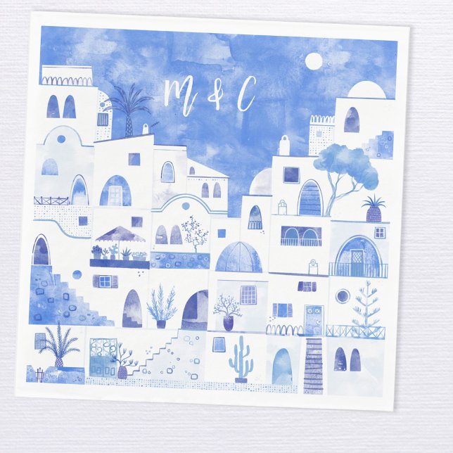Santorini Oia Wedding Monogram Initial Serviette (Santorini Greece blue and white wedding napkin with custom bride and groom initials)