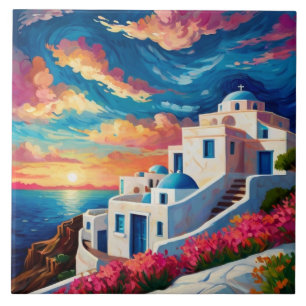 Santorini Sunset, Griechenland - Hot Pink Blume Gr Fliese