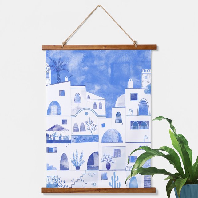 Santorini Wandteppich Mit Holzrahmen (Blue and white original watercolor painting of Oia on the Greek island of Santorini)