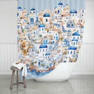 Santorini Wasserfarbe Griechenland Moderne griechi Duschvorhang
