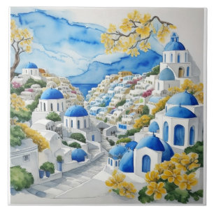 Santorini Wasserfarbe Griechische Häuser & gelbe B Fliese
