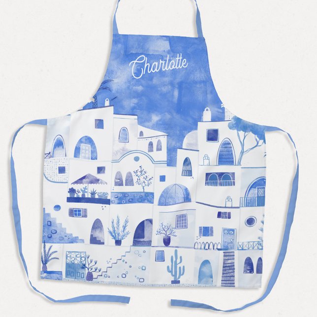 Santorini Wasserfarbe Personalisiert Schürze (Personalized name blue and white watercolor Santorini Greek Island art apron)