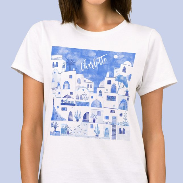Santorini Wasserfarbe Personalisiert T-Shirt (Personalized name Santorini Oia Greek Island blue and white art t-shirt)
