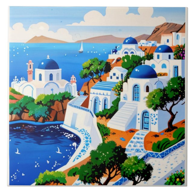 Santorini Wasserfarbenmalerei Kunst - Griechische  Fliese (Vorderseite)