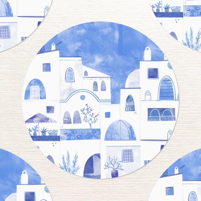Santorini Watercolor Etiketten (Santorini Greece blue and white watercolor painting sticker)