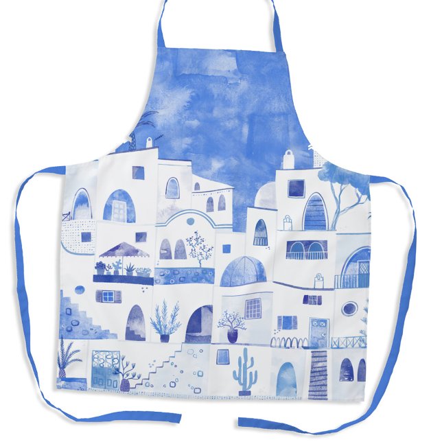 Santorini Watercolor Schürze (Watercolor painting of Santorini, Greece in blue and white on an apron)