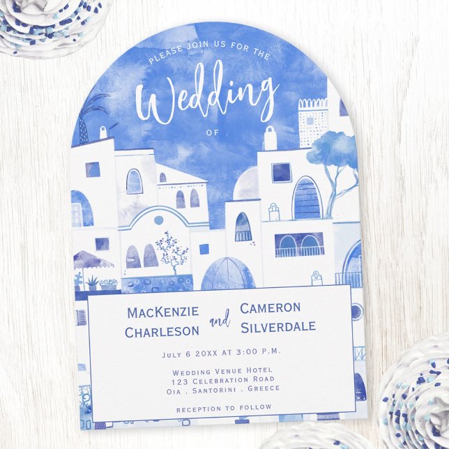 Santorini Watercolor Wedding Einladung (Santorini watercolor art arched wedding invitation)